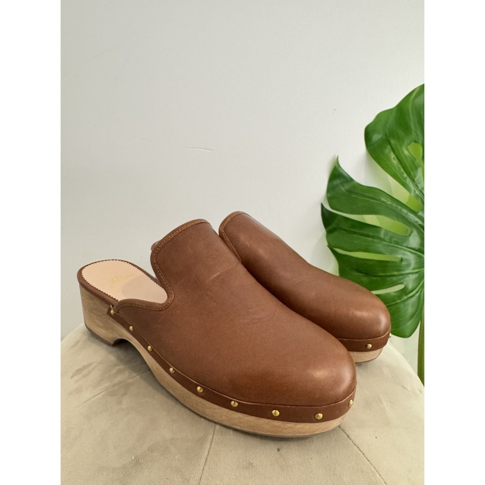 J. Crew Mules Women's Size 8.5 Brown‎ Leather Slip On Heeled Casual Closed Toe